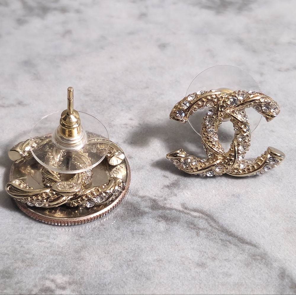 Chanel Gold CC Logo Crystal Stud Earrings - Picture 4 of 7